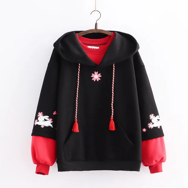 Japanese Flower Rabbit Embroidery Color Matching Fake Two Piece Plus Velvet Sweater Black - Shop at LoveMi