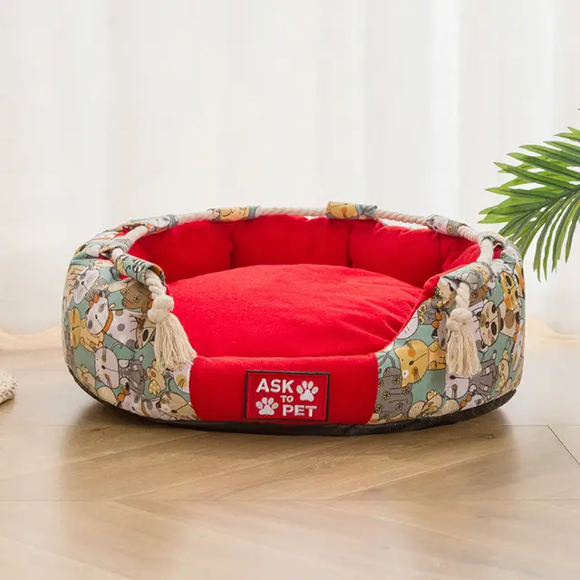 Winter Warm Printing Canvas Pet Nest Plush Thickening Red - Shop at LoveMi