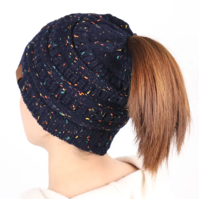 Europe And The United States New Knitted Ponytail Hat Wool Hood Outdoor Warmth Navy Blue - Shop at LoveMi