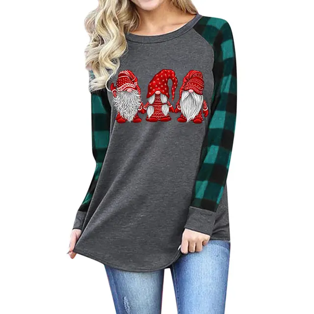 Santa Pattern Print Round Neck Raglan Long Sleeves Grey Green Sleeves - Shop at LoveMi