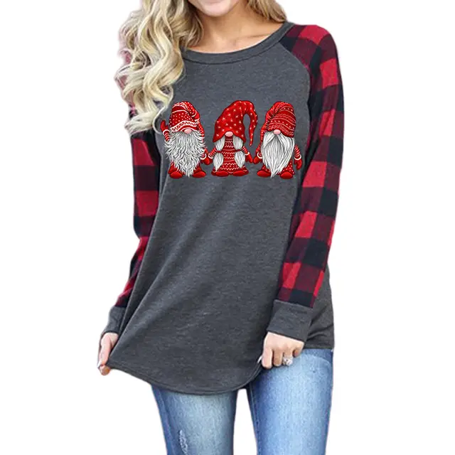 Santa Pattern Print Round Neck Raglan Long Sleeves Grey Red Check Sleeves - Shop at LoveMi