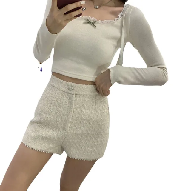 Winter Sweet Bow Knit Inner Wear Lace Trim Bottoming Shirt Top White - Shop at LoveMi