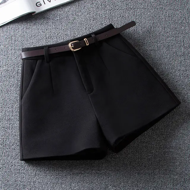 Fashion Solid Color High Waist Woolen Shorts Black - Shop at LoveMi