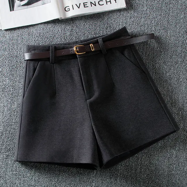 Fashion Solid Color High Waist Woolen Shorts Dark Grey - Shop at LoveMi