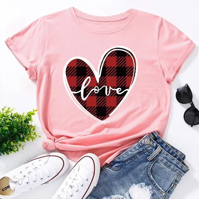 Love Print Loose Round Neck Short Sleeve T shirt Women Deep Pink - Shop at LoveMi