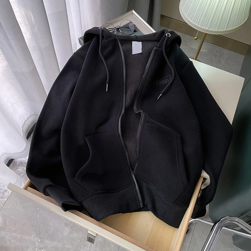 Plus Velvet Thick Loose Polar Fleece Cardigan Outer Wear Zipper Jacket Black - Shop at LoveMi