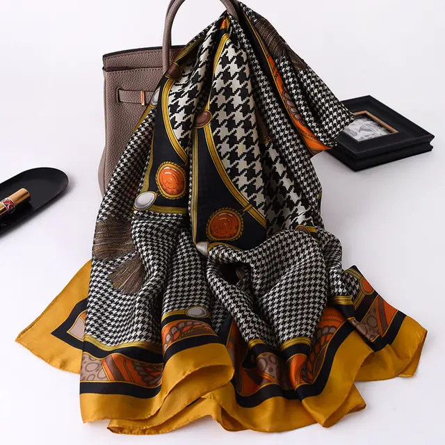 Silk Shawl Dual use Houndstooth Scarf Turmeric Edge - Shop at LoveMi