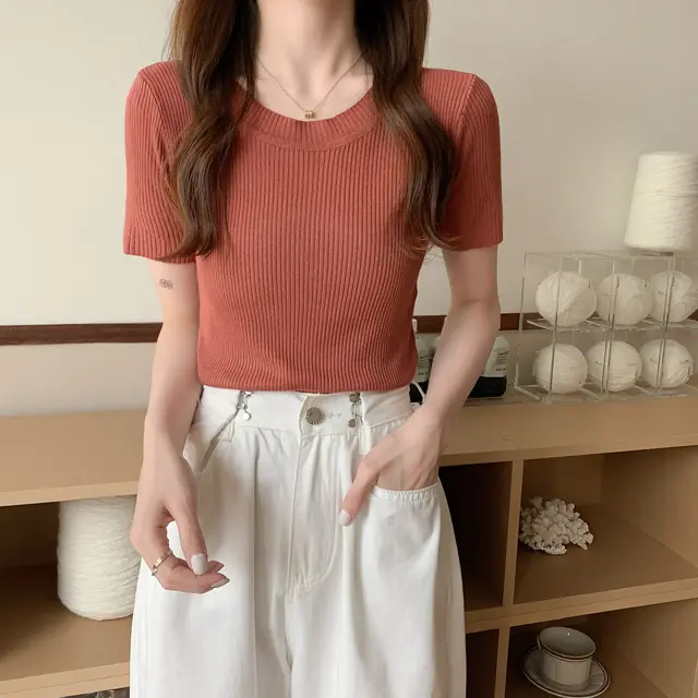 Women's Round Neck Ice Silk Knit Short Sleeves Brick Red - Shop at LoveMi