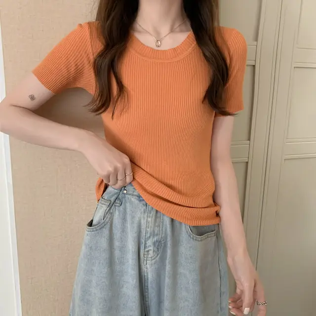 Women's Round Neck Ice Silk Knit Short Sleeves Orange - Shop at LoveMi