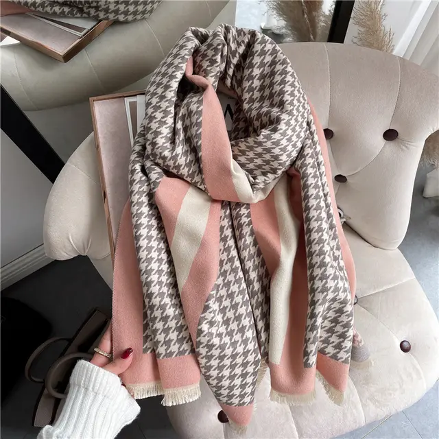 Houndstooth Plaid Scarf Female Cashmere Big Shawl Thickened To Keep Warm Pink - Shop at LoveMi