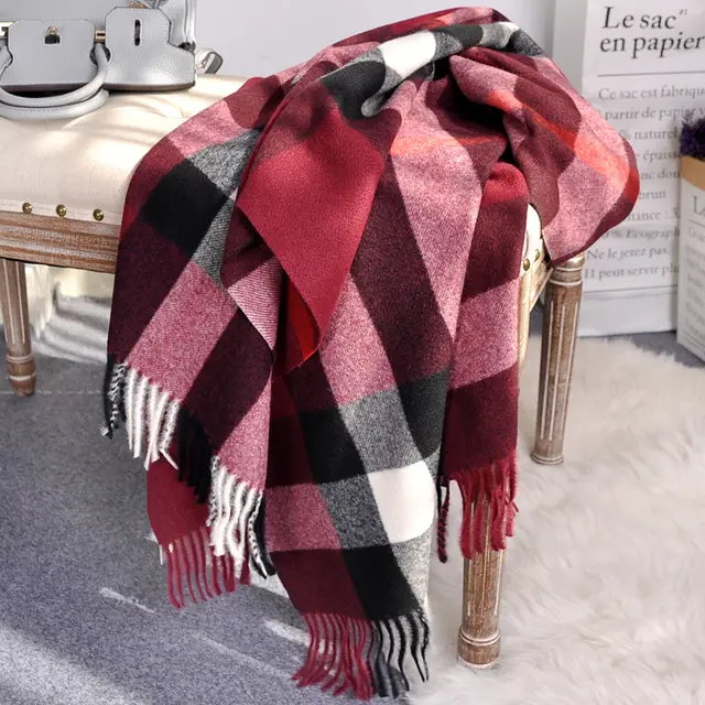 Plaid Scarf Women's Classic Cashmere Padded Warmth Wine Red - Shop at LoveMi