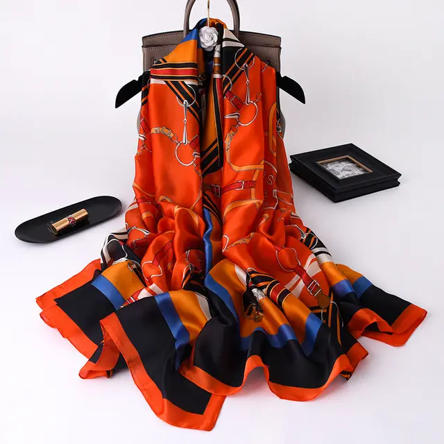 Summer Vacation Silk Scarf Fashion Western Style Print Shawl Orange - Shop at LoveMi
