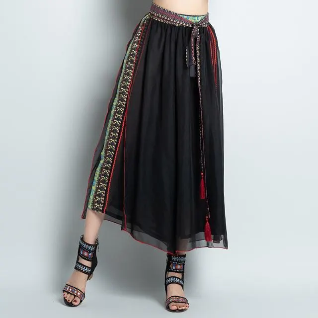 Ethnic Style Women Retro Chiffon Loose Wide leg Pants Black - Shop at LoveMi