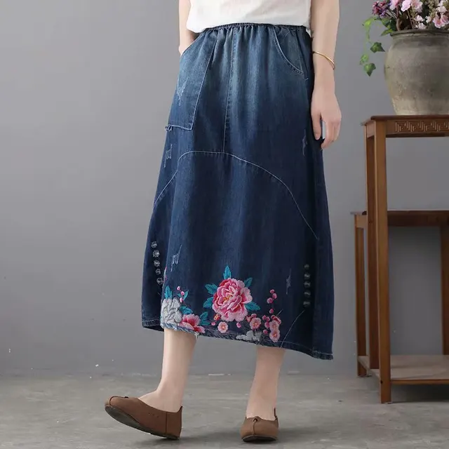 Mid length High Waist Loose A line Skirt Blue - Shop at LoveMi