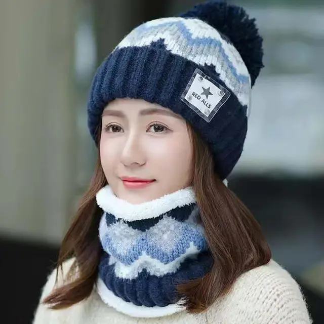 Fleece Scarf Warm And Cold Ear Protection Hat Set Navy Blue - Shop at LoveMi
