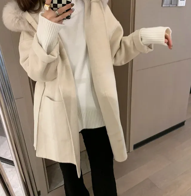 Hooded Casual Fur Collar Double sided Woolen Belt Jacket Milky White - Shop at LoveMi