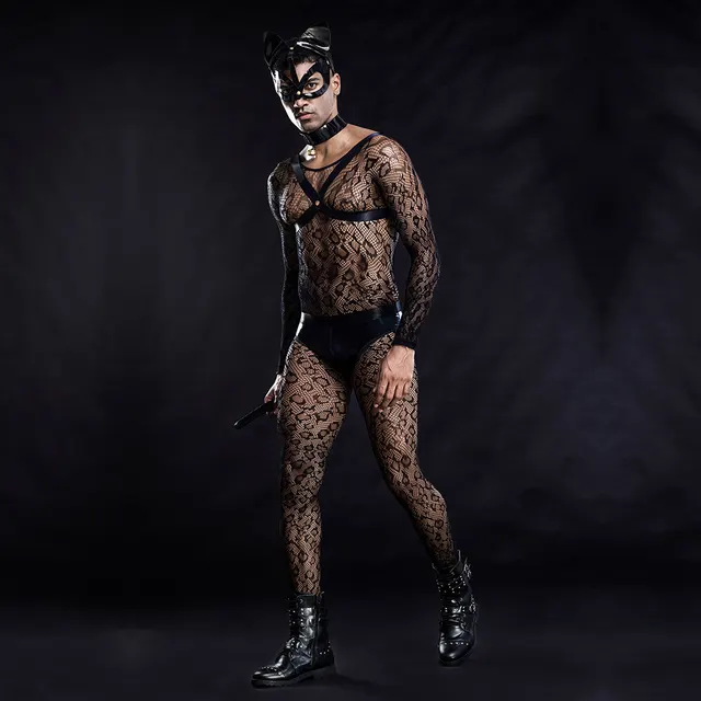 Cat Male Sexy Uniform Perspective Sexy One piece Black - Shop at LoveMi