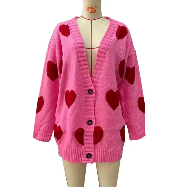 Love Flower Smile Women's Mid length V neck Loose Sweater Pink - Shop at LoveMi