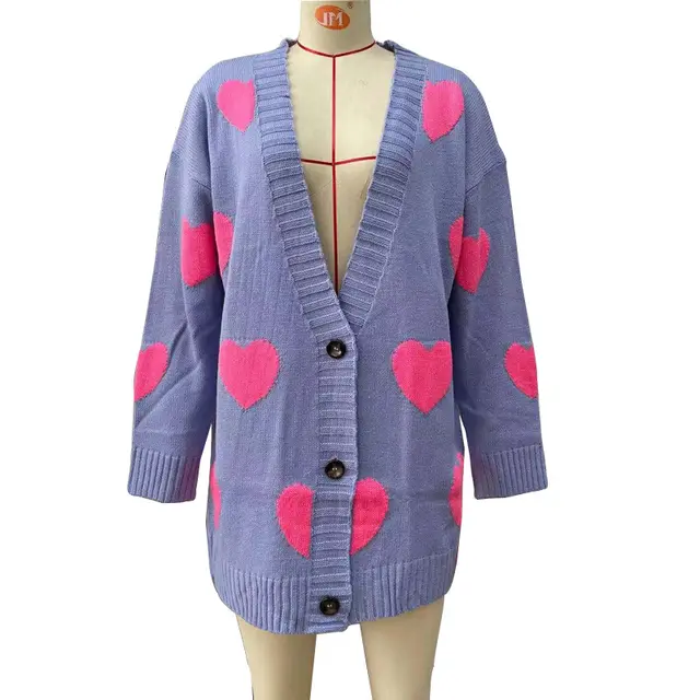 Love Flower Smile Women's Mid length V neck Loose Sweater Purple - Shop at LoveMi