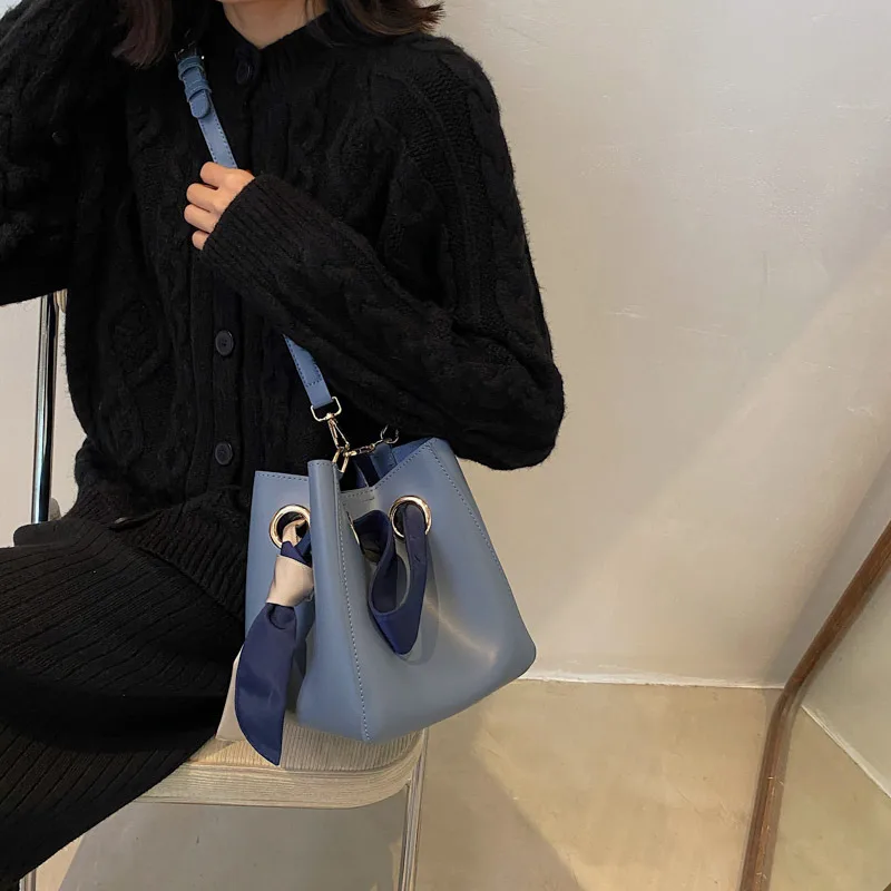 Silk Scarf Portable Bucket Bag Casual One Shoulder Messenger Lady Large Capacity Blue - Shop at LoveMi