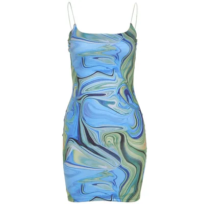 Women's Suspenders Sexy Backless One shoulder Fashion Printed Slim Dress Green - Shop at LoveMi