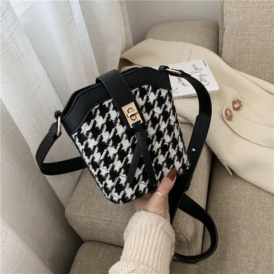 Vintage Style Houndstooth Fashion Messenger Bucket Bag Black - Shop at LoveMi