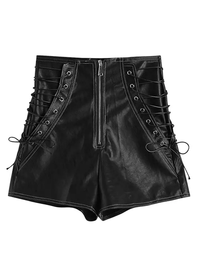 Women's Retro High waist Lace up Waist PU Leather Shorts Black - Shop at LoveMi