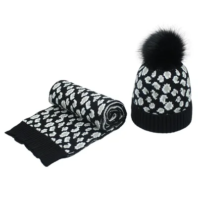 Women's Autumn And Winter Leopard Print Hair Ball Hat Scarf Set Black - Shop at LoveMi