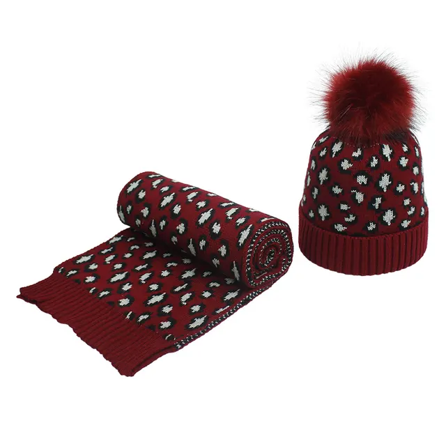 Women's Autumn And Winter Leopard Print Hair Ball Hat Scarf Set Dark Red - Shop at LoveMi