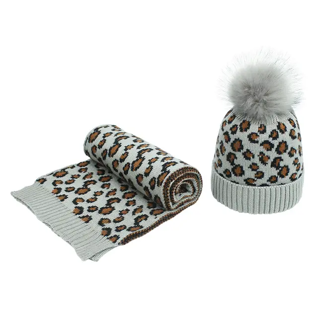 Women's Autumn And Winter Leopard Print Hair Ball Hat Scarf Set Light Grey - Shop at LoveMi