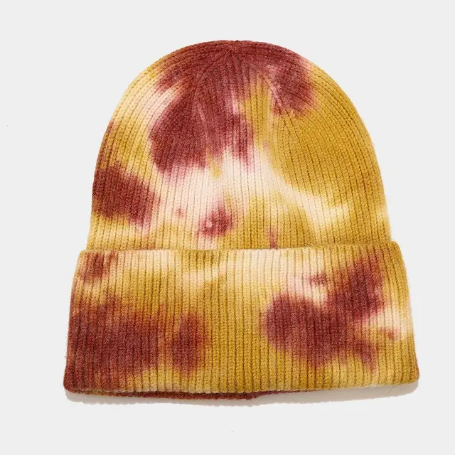 Tie dyed Knitted Hat Ladies Outdoor Warm Core spun Yarn Curled Edge Wool 4Color - Shop at LoveMi
