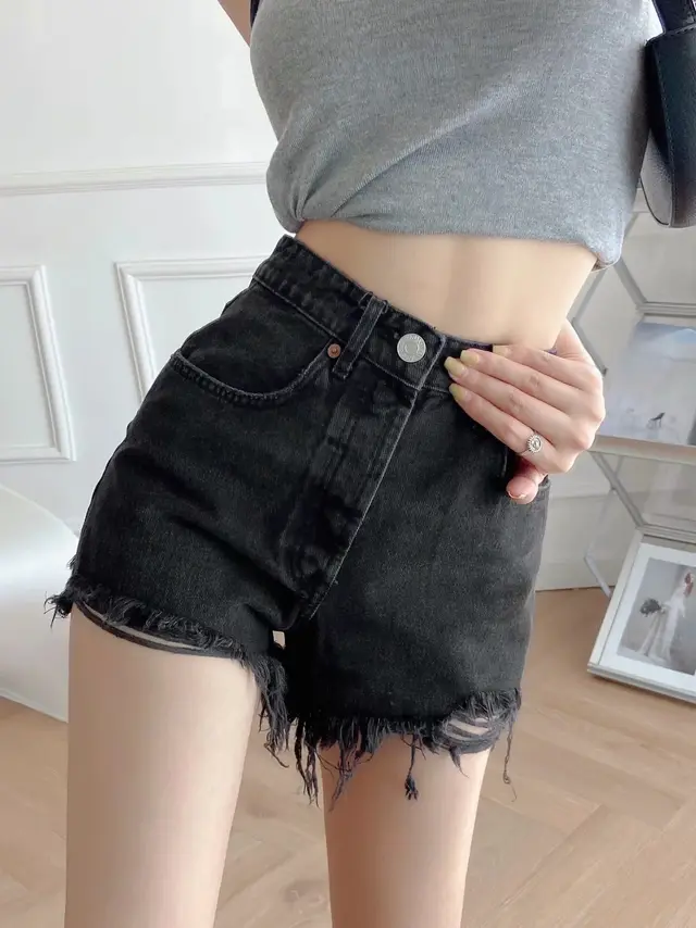 Women's High Waist Wide Legs Irregular Ripped Raw Edge Denim Shorts Black - Shop at LoveMi