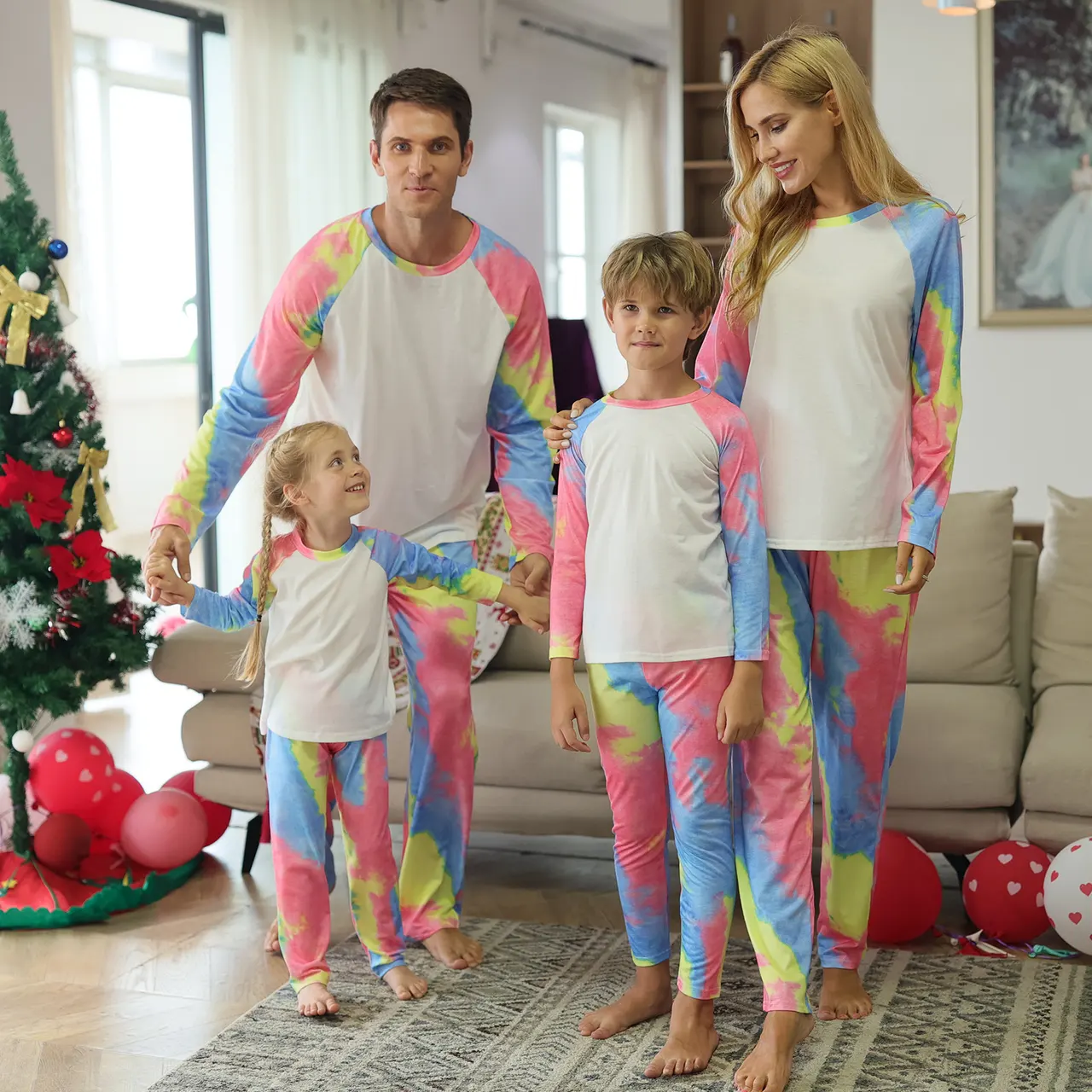Christmas Tie-dye Printed Long-sleeved Pajamas Two-piece Parent-child Set - Photo Color - View 1