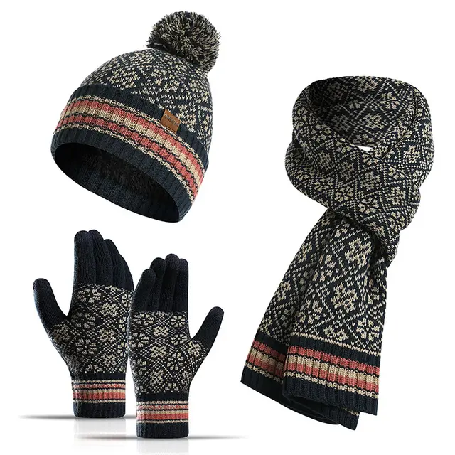 Three piece Winter New Knitted Warm Woolen Hat Scarf And Gloves Navy Blue - Shop at LoveMi