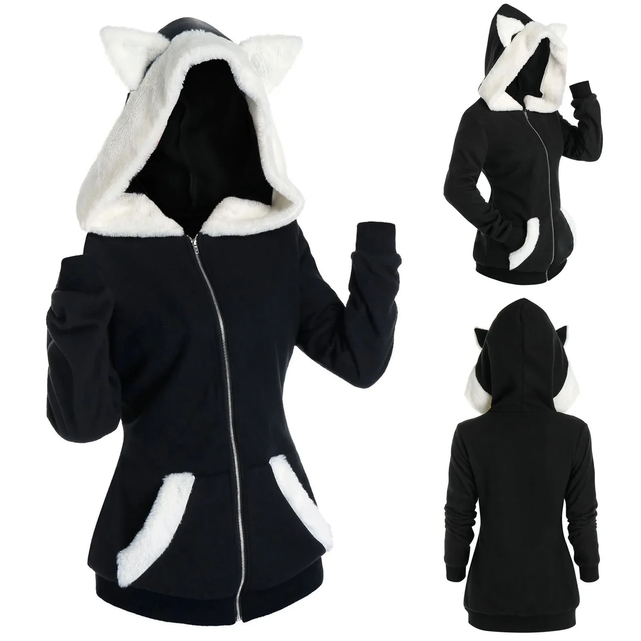 Plush Cat Ears Contrast Stitching Hooded Plush Sweater - Black