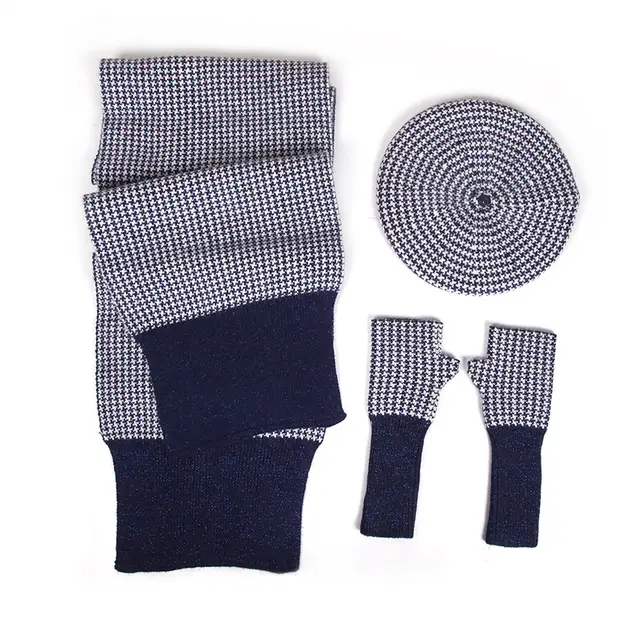 Female Plaid Painter Warm Hat Scarf Gloves Three piece Suit Navy Blue - Shop at LoveMi
