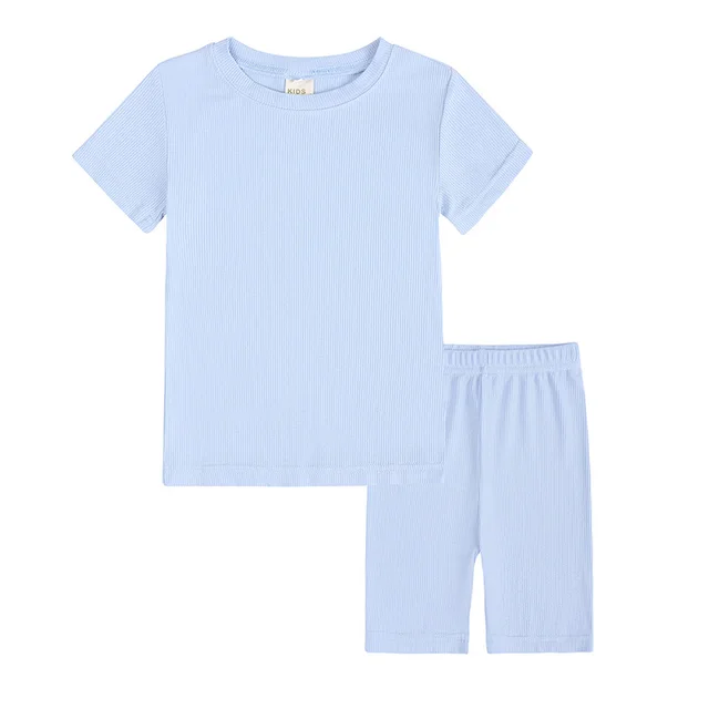 Summer Women's And Women's Solid Color Short sleeved Tights Two Piece Suit Blue - Shop at LoveMi