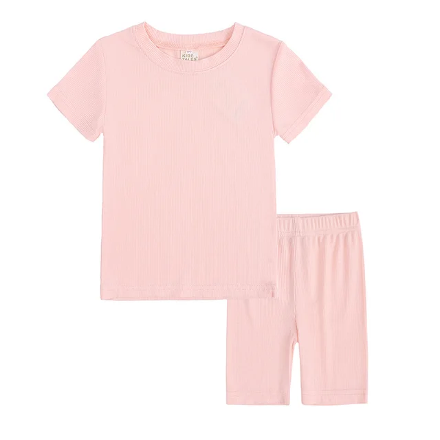 Summer Women's And Women's Solid Color Short sleeved Tights Two Piece Suit Light Pink - Shop at LoveMi