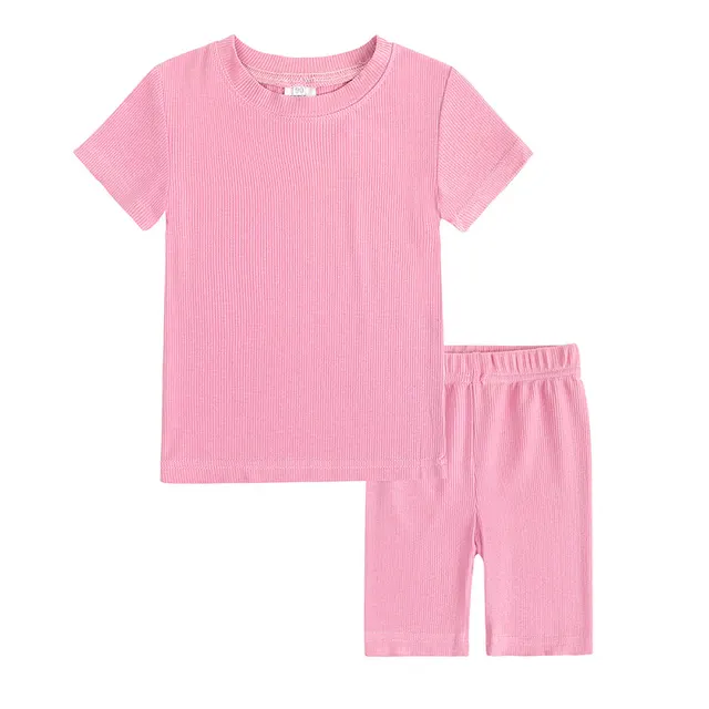 Summer Women's And Women's Solid Color Short sleeved Tights Two Piece Suit Rose Red - Shop at LoveMi