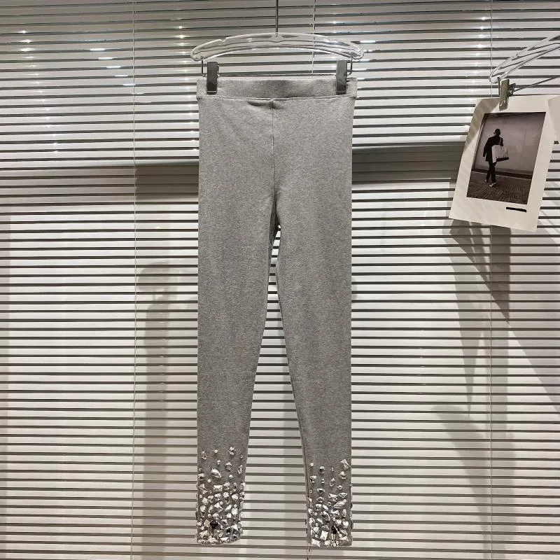 Women's Heavy Industry Large particle Rhinestone Beaded Elastic Slim Leggings Grey - Shop at LoveMi