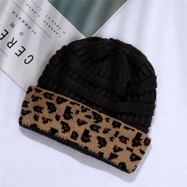 Ladies Autumn Winter Leopard Print Cuffed Acrylic Knitted Hat Grey - Shop at LoveMi