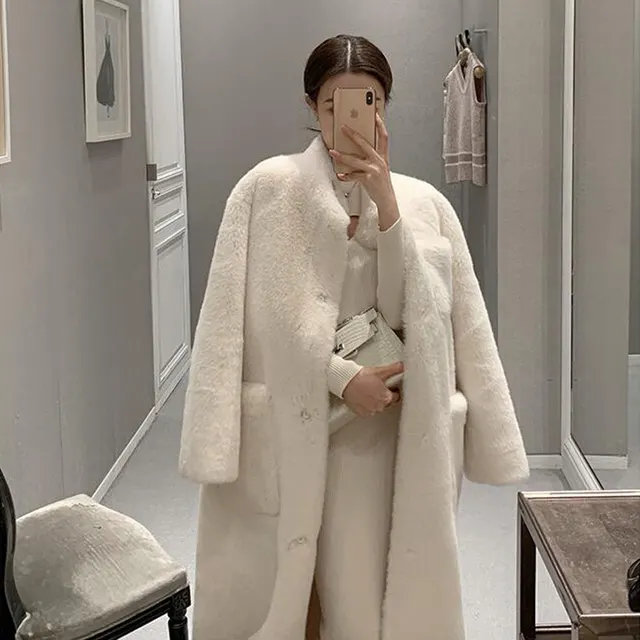 Winter Fashion Mid length Thick Lamb Fur Coat Off White - Shop at LoveMi