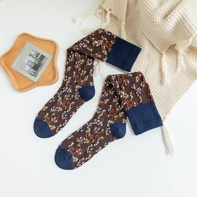 Women's Autumn And Winter Combed Cotton Floral Long Tube Socks Navy Blue - Shop at LoveMi