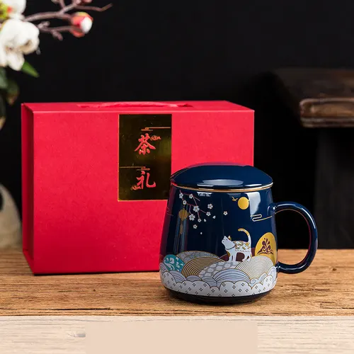 Filtered Tea Ceramic Office Mug With Lid Blue Cat One Set 320Ml - Shop at LoveMi