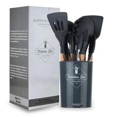 Wooden Handle Silicone Cooking Utensils Set Dark Grey Suit Large Bucket - Shop at LoveMi