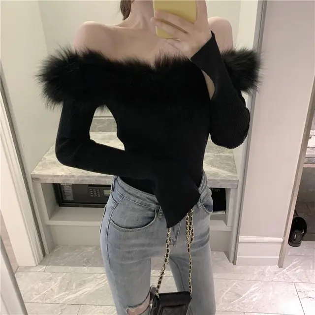 Women's Off shoulder Fleece Sexy One line Neck Top Slim Long sleeved Sweater Black - Shop at LoveMi