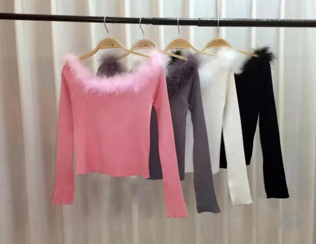 Women's Off shoulder Fleece Sexy One line Neck Top Slim Long sleeved Sweater Pink - Shop at LoveMi