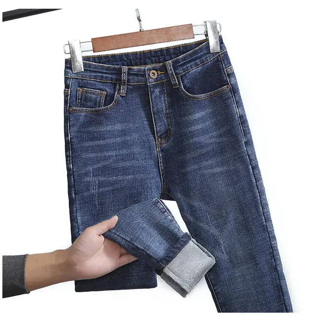 Autumn And Winter New Slim Skinny Warm High Waisted Jeans Grey Velvet Nine Points - Shop at LoveMi