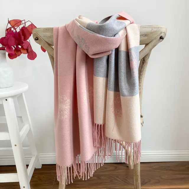 Autumn And Winter Cashmere Dandelion Jacquard Scarf Pink - Shop at LoveMi