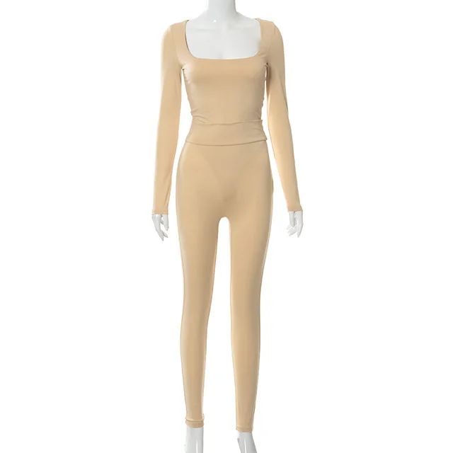 Fall New Solid Color Low Cut Long Sleeved Jumpsuit Apricot - Shop at LoveMi
